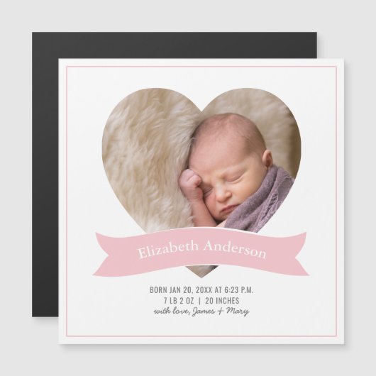 Baby Girl Foto Minimalistisch Geburtserklärung Magneteinladung (Vorne/Hinten)