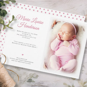 Baby Girl Foto Pink Dots Geburtsankündigungskarte Dankeskarte