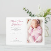 Baby Girl Foto Pink Dots Geburtsankündigungskarte Dankeskarte (Stehend Vorderseite)