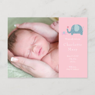Baby Girl Foto Pink Polka Dot Elephants Birth Ankündigungspostkarte