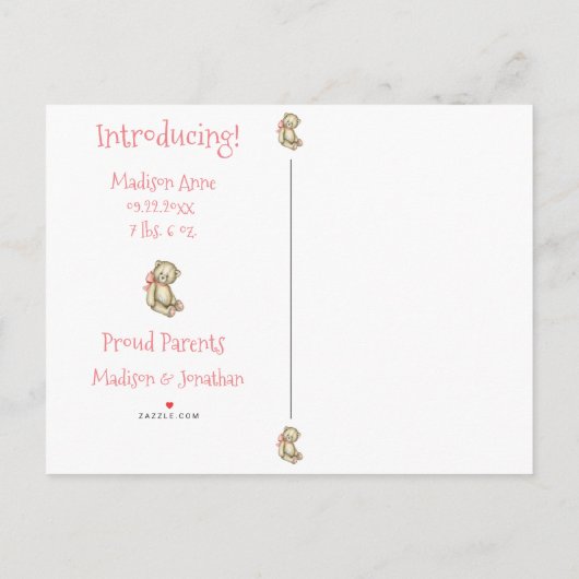 Baby Girl Foto Pink Typografy Name States Ankündigungspostkarte (Rückseite)