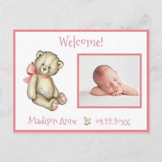 Baby Girl Foto Pink Typografy Name States Ankündigungspostkarte (Vorderseite)