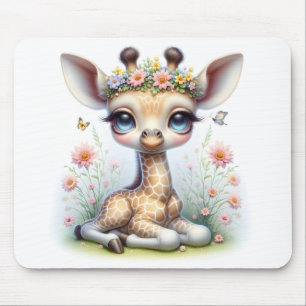 Baby Girl Giraffe mit rosa Blume Mousepad