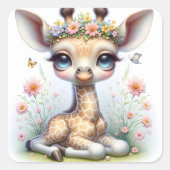 Baby Girl Giraffe mit rosa Blume Quadratischer Aufkleber (Vorderseite)