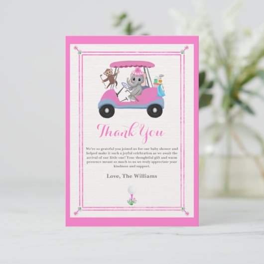 Baby Girl Golfing Elephant & Monkey Dusche Dankeskarte (Stehend Vorderseite)
