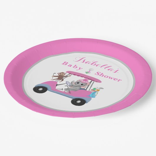 Baby Girl Golfing Elephant & Monkey Dusche Pappteller (Schrägansicht)