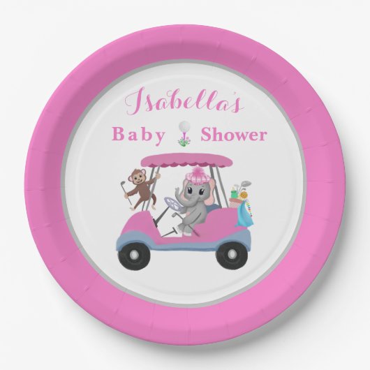 Baby Girl Golfing Elephant & Monkey Dusche Pappteller (Vorderseite)