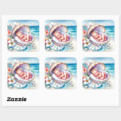 Baby Girl in einer Seashell Baby Dusche Quadratischer Aufkleber (Blatt)