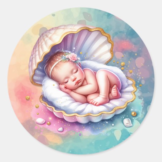 Baby Girl in einer Seashell Baby Dusche Runder Aufkleber (Vorderseite)