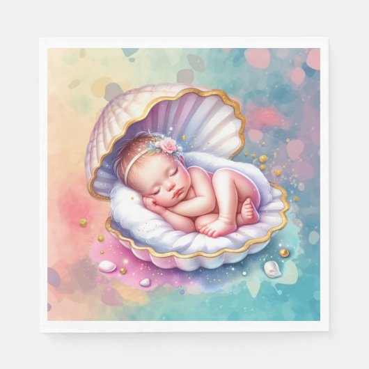 Baby Girl in einer Seashell Baby Dusche Serviette (Vorderseite)