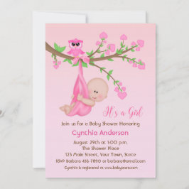 Baby Girl in Tree, Pink, Baby Dusche Einladung