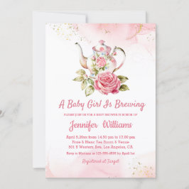 baby girl is brewing pink tea party invitation  mitteilungskarte