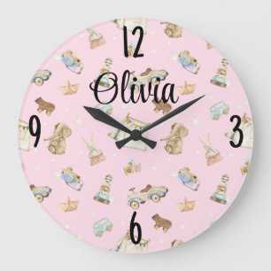 Baby Girl Kinderzimmer Vintag Toys on Pink 10.75-i Große Wanduhr
