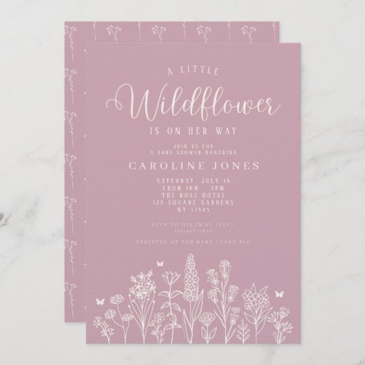 Baby Girl Kleine Wildblume Pink Babydusche Einladung (Vorne/Hinten)