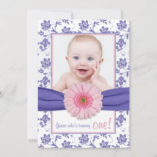 Baby Girl Lila Pink Daisy Floral Foto Geburtstag Einladung