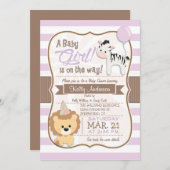 Baby Girl Lion & Zebra Pastel Lila Baby Dusche Einladung (Vorne/Hinten)