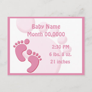 Baby Girl Little Feet Footprint Geburtsankündigung Ankündigungspostkarte