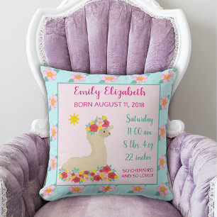 Baby Girl Llama Pink Floral Geburtsankündigung Kissen