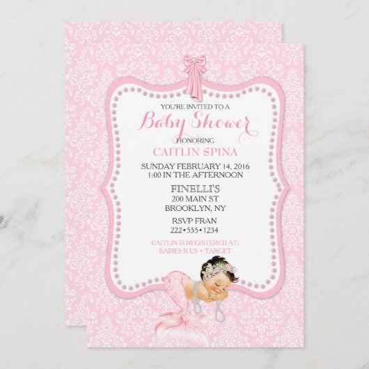 Baby Girl Mermaid Princess Crown Damask Einladung (Vorne/Hinten)