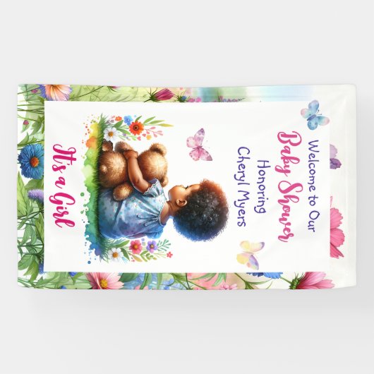 Baby Girl mit ihrer Teddy Bear Baby Dusche Willkom Banner (Horizontal)