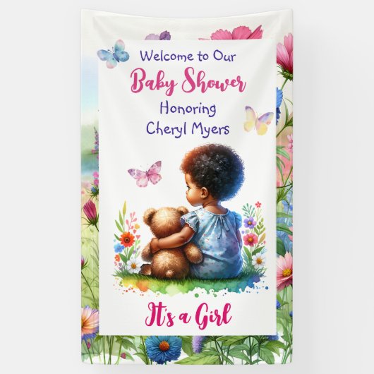 Baby Girl mit ihrer Teddy Bear Baby Dusche Willkom Banner (Vertikal)