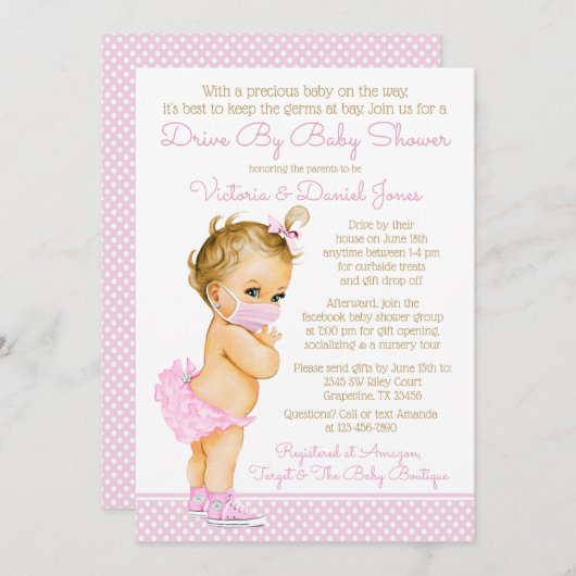 Baby Girl mit Maskenantrieb mit Babydusche Einladung (Vorne/Hinten)