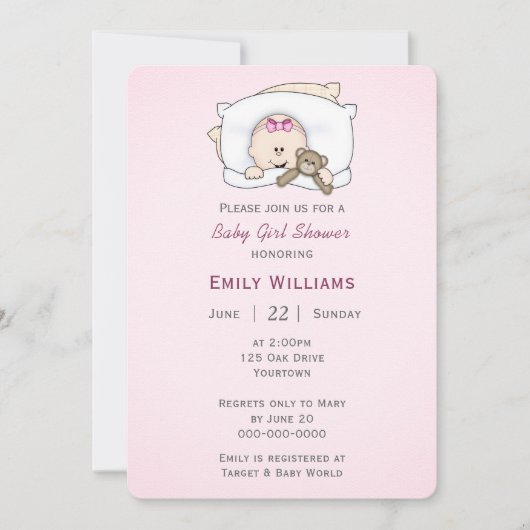 Baby Girl mit Teddybär Einladung (Vorderseite)