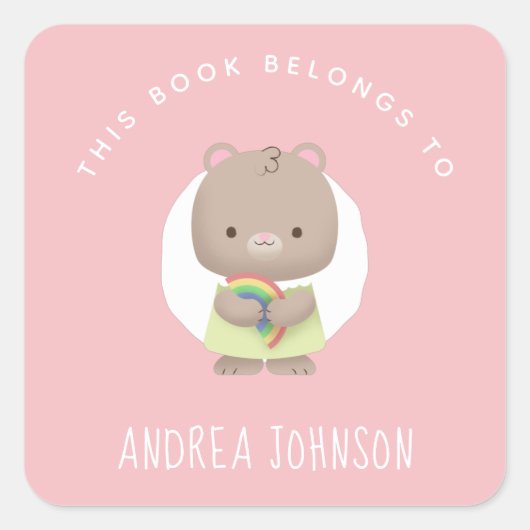 Baby Girl Mouse & Rainbow Pink Gray Kid's Name Fun Quadratischer Aufkleber (Vorderseite)