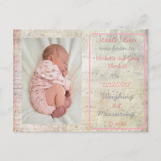 Baby Girl Musical Notes Birth Announce Postcard Ankündigungspostkarte (Vorderseite)
