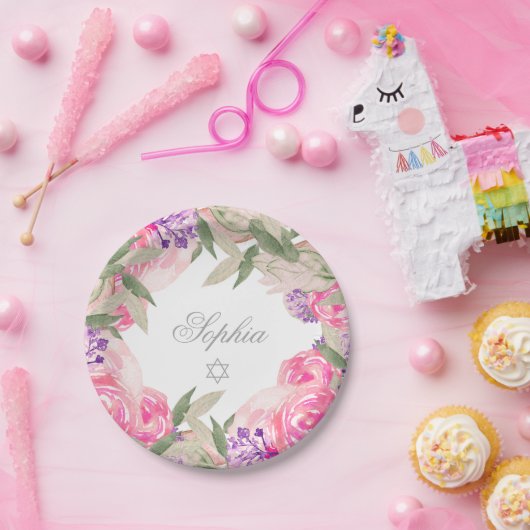 Baby Girl Namemony Zeremonie Hebrew Floral Silver Pappteller (Party)