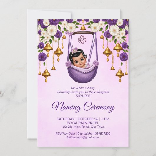 Baby Girl Naming Namkaran Wiege Zeremonie lila Einladung (Vorderseite)
