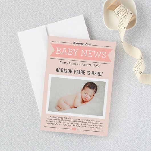 Baby Girl News Modern Blush Pink Foto Birth Ankündigung