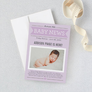 Baby Girl News Modernes Lila Foto Birth Ankündigung
