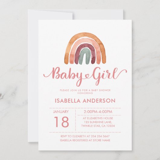 Baby Girl Niedlich Watercolor Boho Rainbow Einladung (Vorderseite)