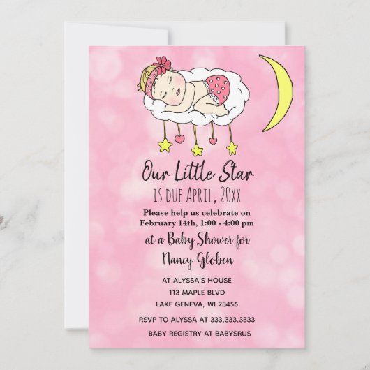 Baby Girl on Moon Pink Girl's Baby Shower Einladung (Vorderseite)