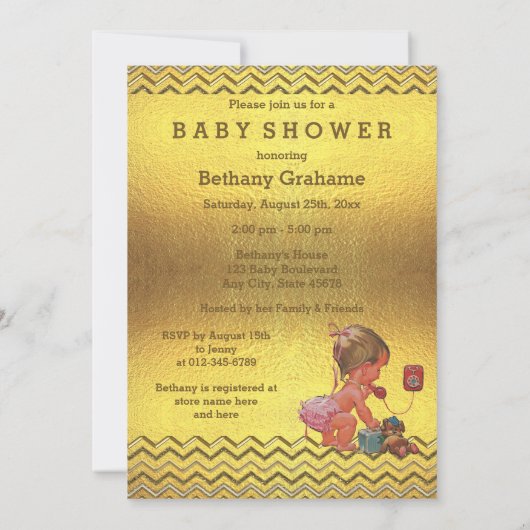 Baby Girl on Phone Baby Shower Gold Chevrons Einladung (Rückseite)
