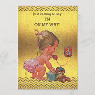 Baby Girl on Phone Baby Shower Gold Chevrons Einladung