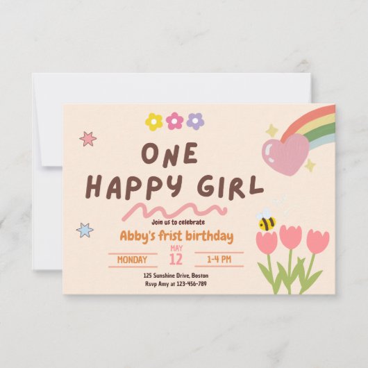 Baby Girl One Happy Girl Birthday Einladung (Vorderseite)