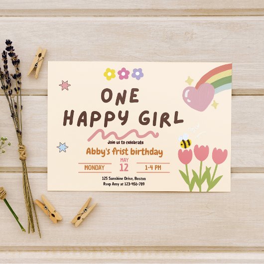 Baby Girl One Happy Girl Birthday Einladung