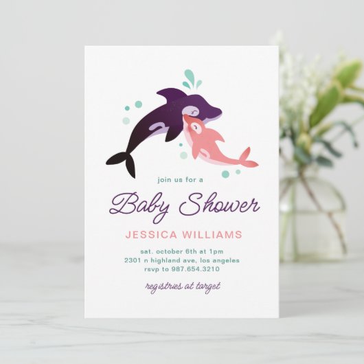 Baby Girl Orca Einladung (Stehend Vorderseite)