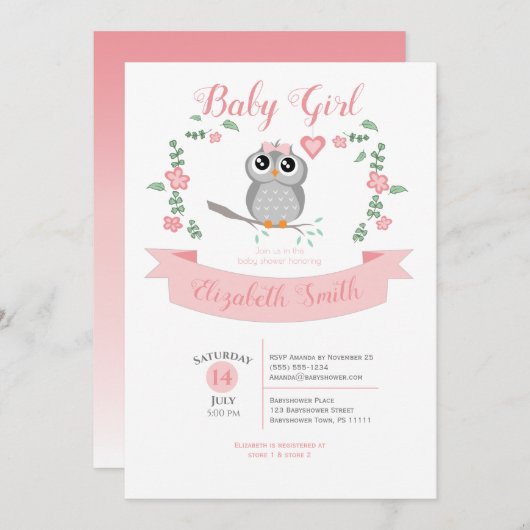 Baby Girl owl bear babyshower Einladung (Vorne/Hinten)