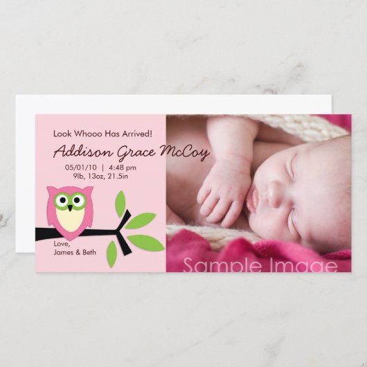 Baby Girl Owl Thema Geburtsankündigung Foto-Karte Ankündigung (Vorne/Hinten)