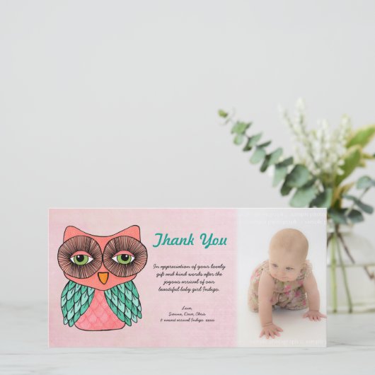 Baby Girl Owl Vielen Dank Foto Template Fotokarte Dankeskarte (Stehend Vorderseite)