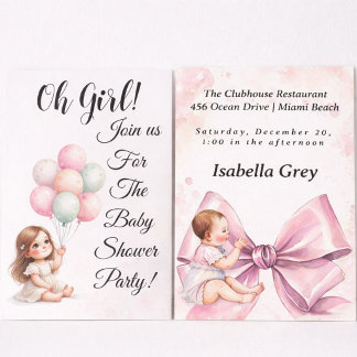 Baby-Girl-Party mit rosa Schleife mit Ballons Einladung