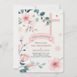 Baby Girl Peach blüht und Aquamarin Christening Einladung