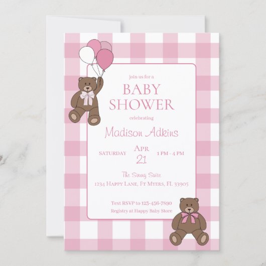 Baby Girl Pink and White Teddy Bear Baby Shower Einladung (Vorderseite)