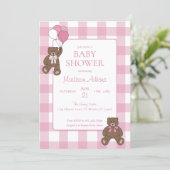 Baby Girl Pink and White Teddy Bear Baby Shower Einladung (Stehend Vorderseite)
