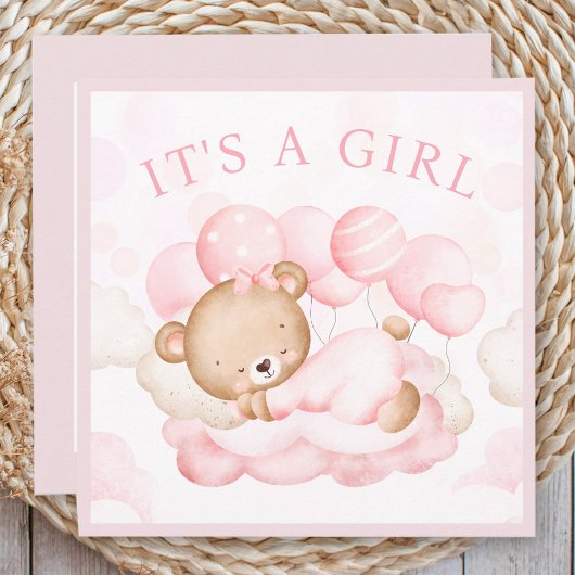 Baby Girl Pink Bear Announccard