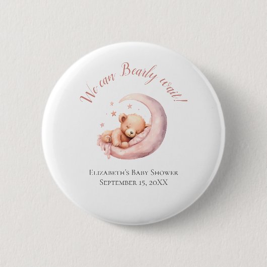 Baby Girl Pink Bear Moon Bearly Wait Baby Dusche Button (Vorderseite)