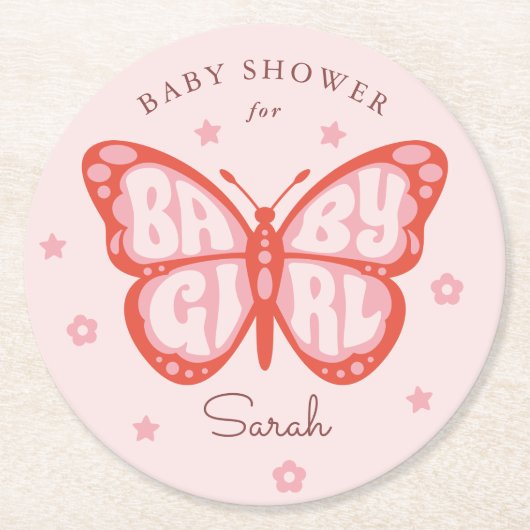 Baby Girl Pink Butterfly Babydusche Runder Pappuntersetzer (Vorderseite)